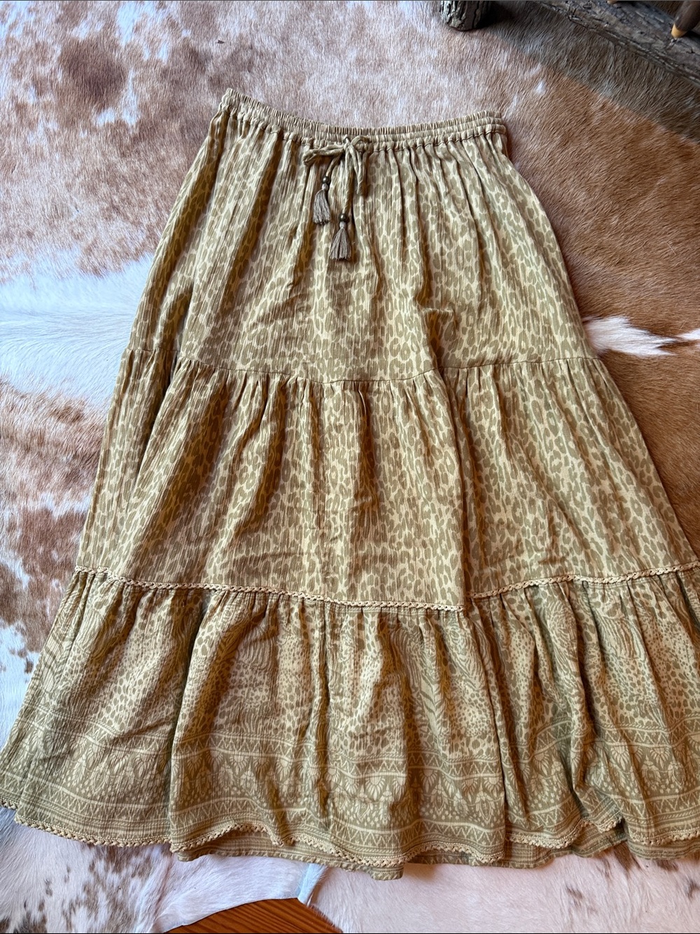 Spell Olive-Tan Boho Tiered, Cheetah print  Maxi Skirt with Tassel Drawstring